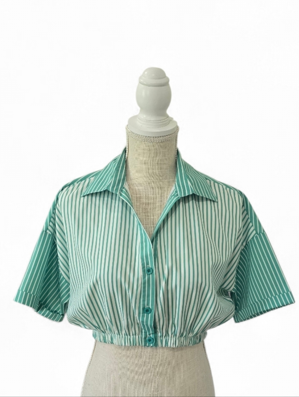 Striped Cropped Button-Up Top in Mint Green